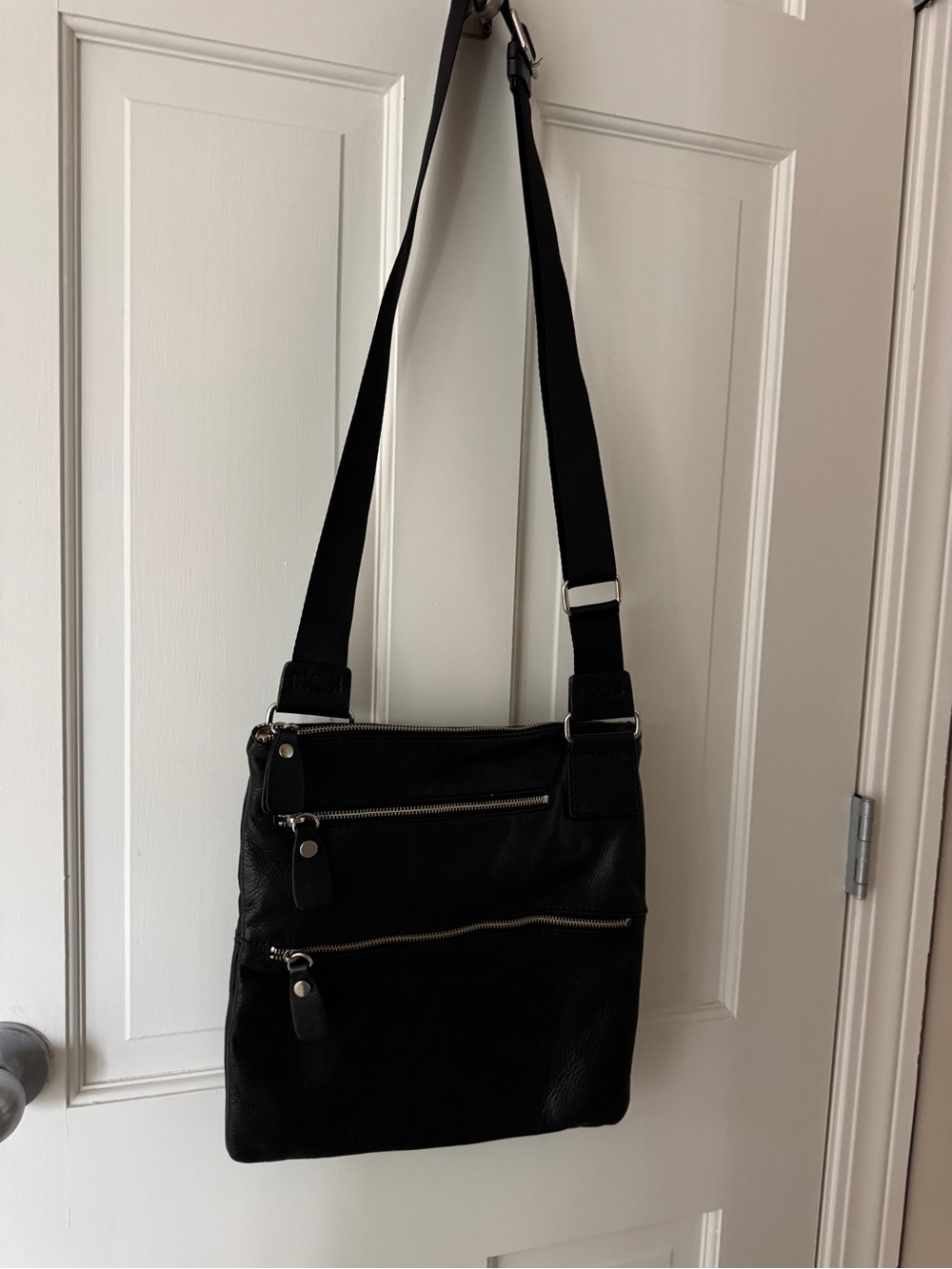 Black Soft Black Leather Crossbody Bag with Adjustable Strap